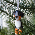 A small dog-shaped Christmas ornament hanging from a white ribbon, photographed among green pine tree branches. The ornament is black, white, and orange, resembling a Bernese mountain dog.