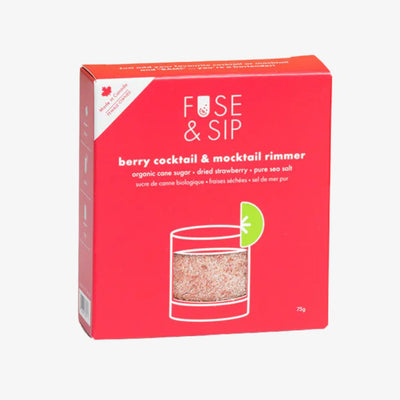 Red packaging of 'Fuse & Sip' berry cocktail and mocktail rimmer on a white background
