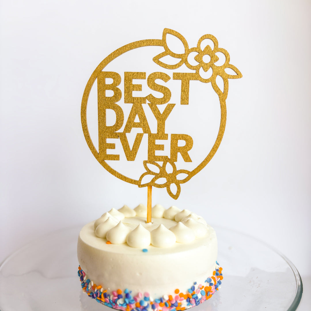 Gold 'Best Day Ever' cake topper on a white cake with colorful sprinkles against a white background