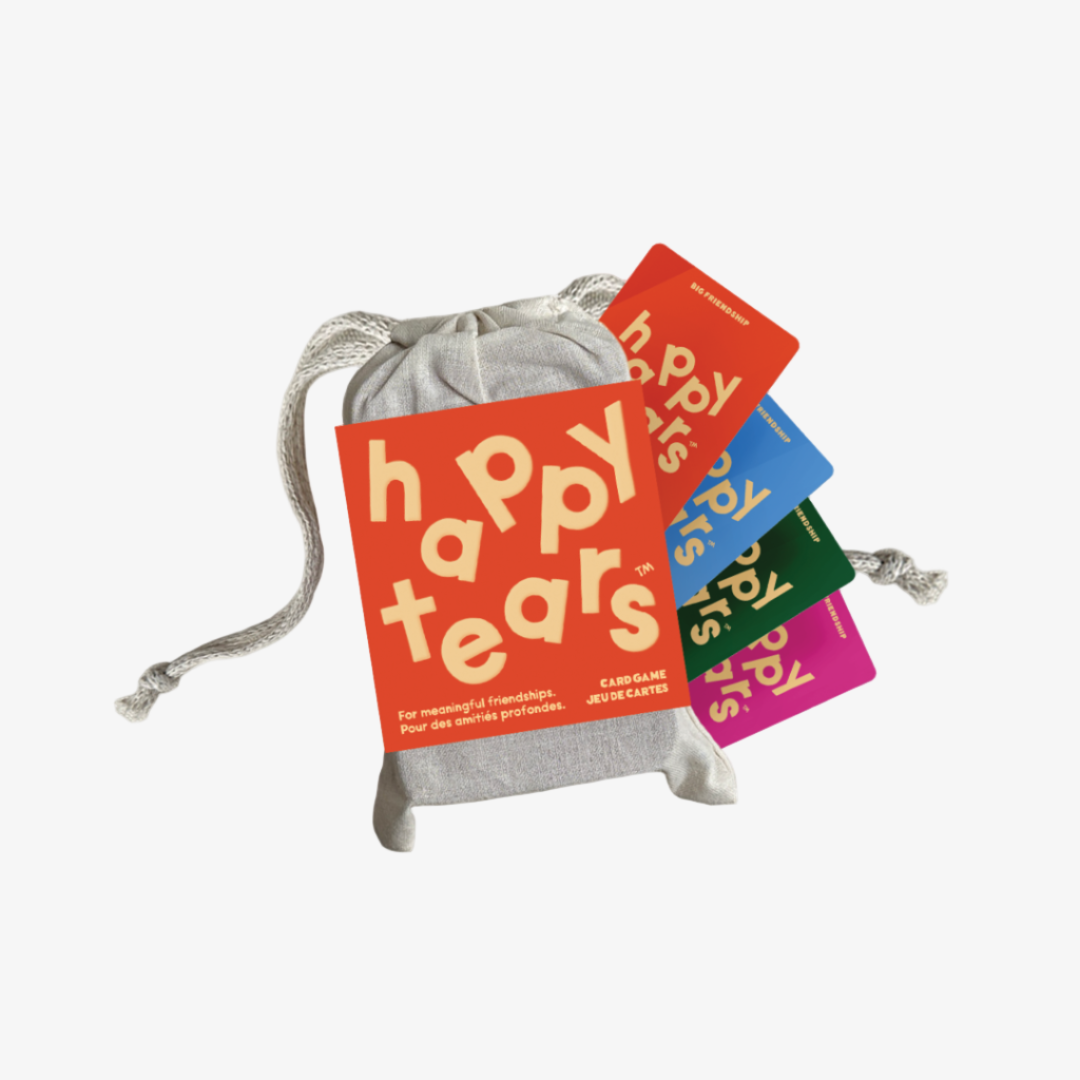 Set of 'happy tears' cards with a gray drawstring bag on a white background