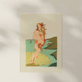 Framed artwork of a woman with flowers on a beige background