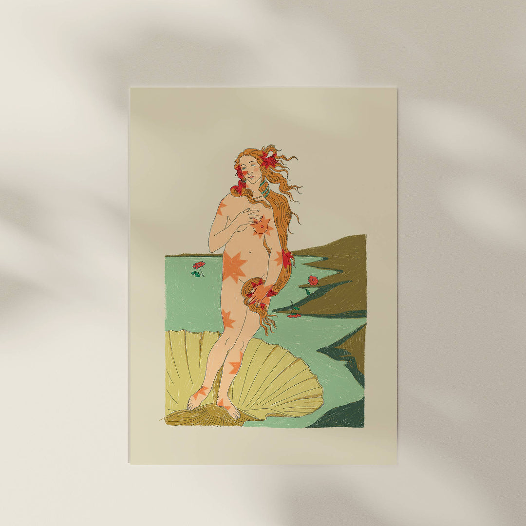 Framed artwork of a woman with flowers on a beige background