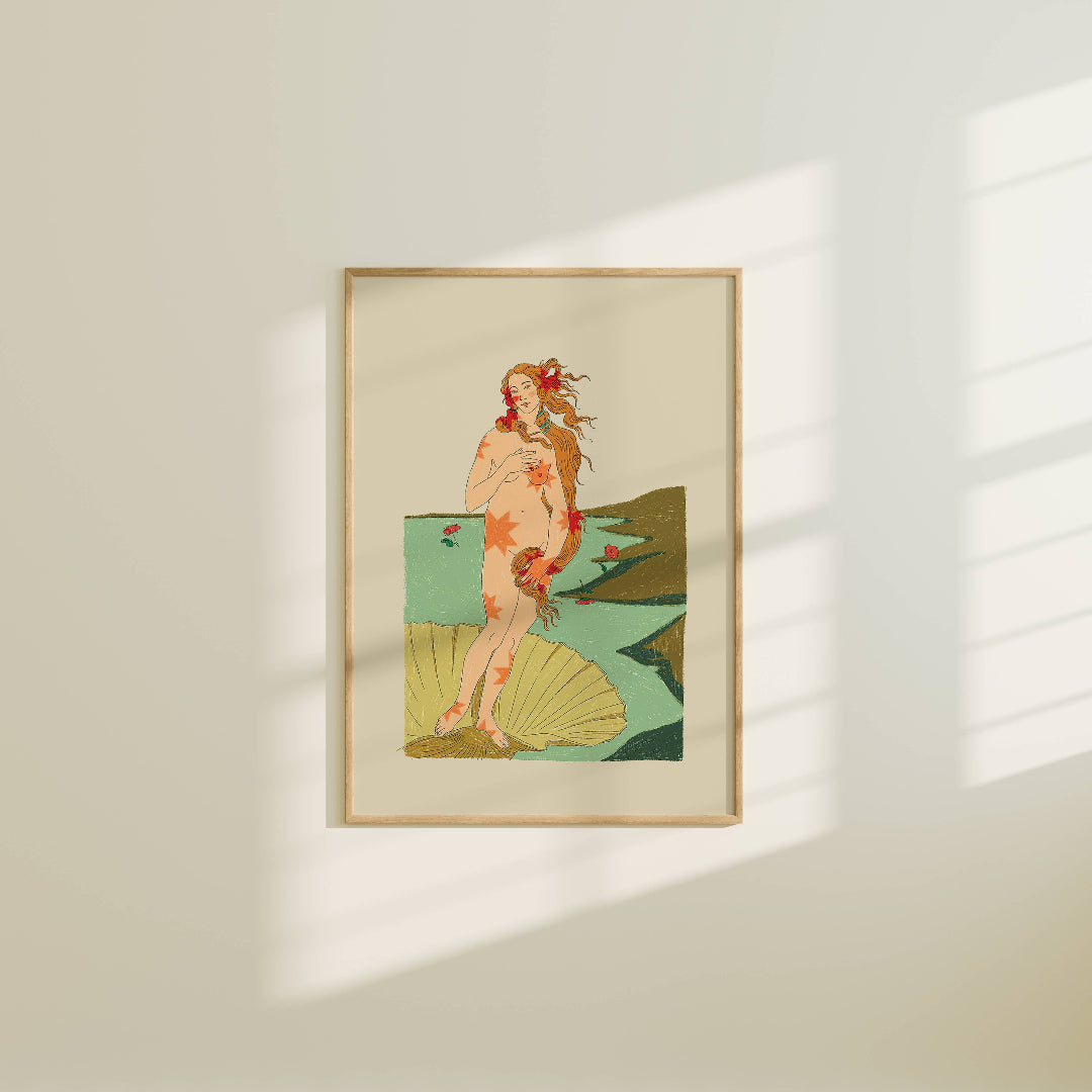 Framed artwork of a woman with flowers on a beige wall