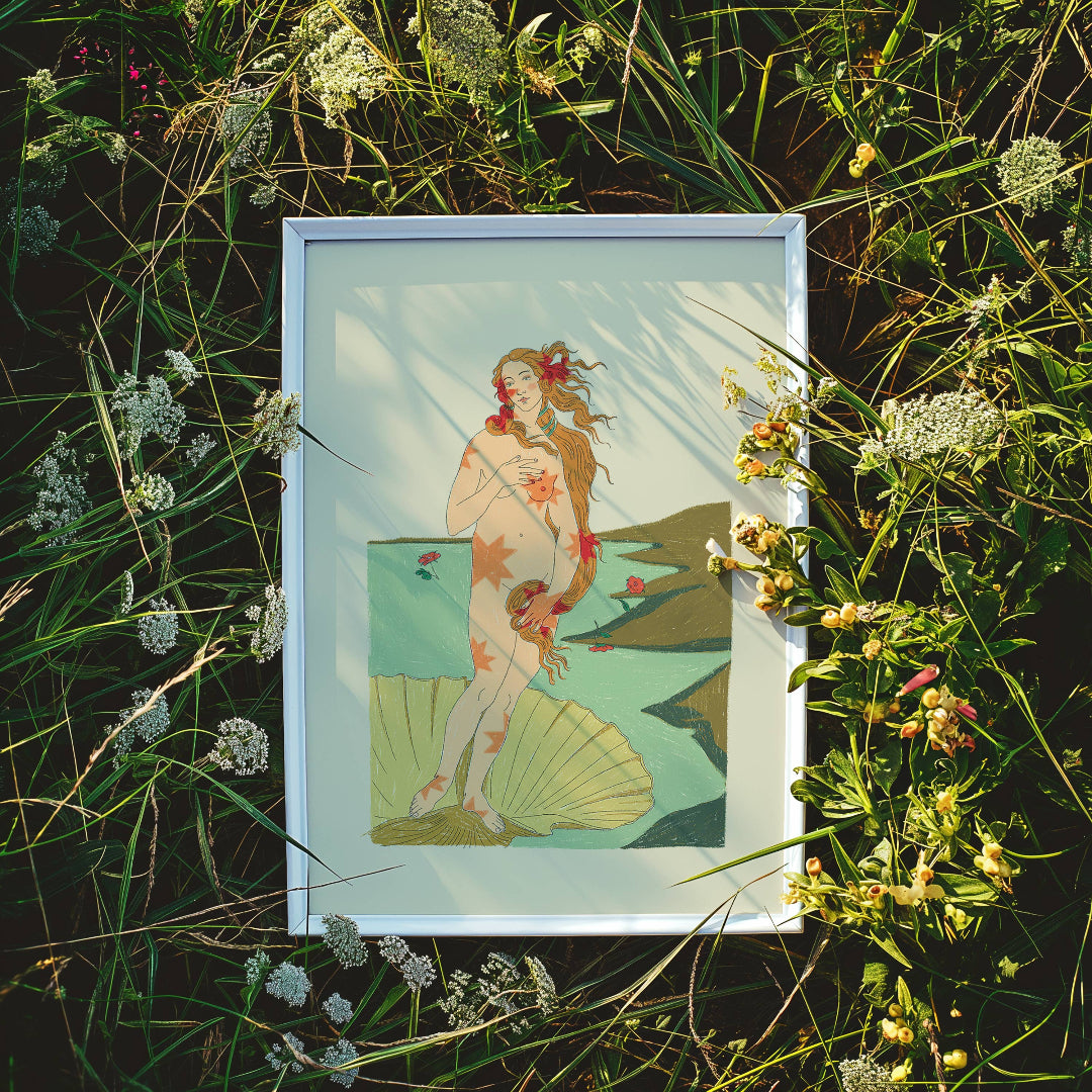 Framed artwork of a woman in nature surrounded by greenery