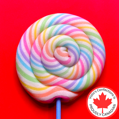 Colorful striped lollipop on a red background with a 'Volk's Confections' logo.