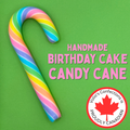 Colorful birthday cake candy cane with text on a green background