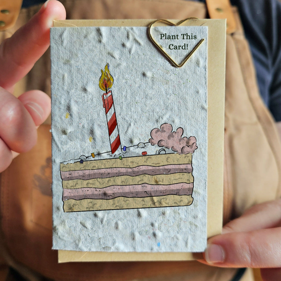 Card with a birthday cake and candle design, labeled 'Plant This Card!'.