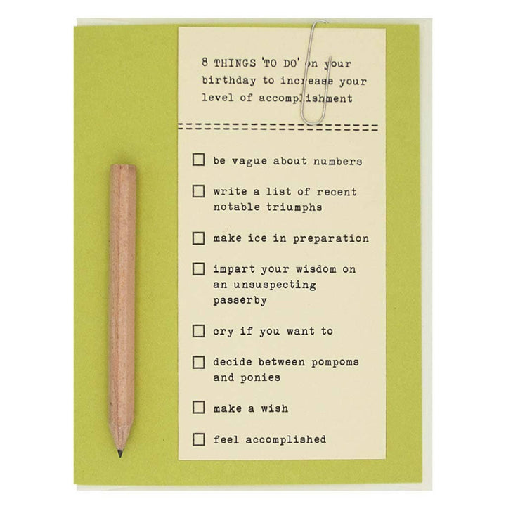 A green and cream-colored card featuring a checklist titled 
