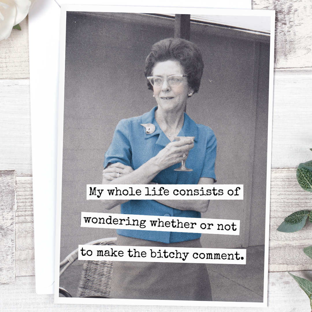 Black and white photo of a woman holding a drink with humorous text overlay.