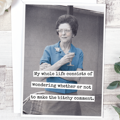 Black and white photo of a woman holding a drink with humorous text overlay.