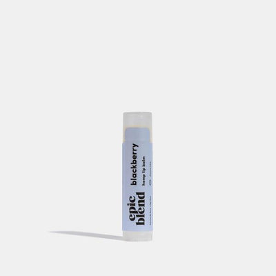A white tube of Epic Blend Blackberry Hemp Lip Balm with a light purple label. The label displays the brand name, 