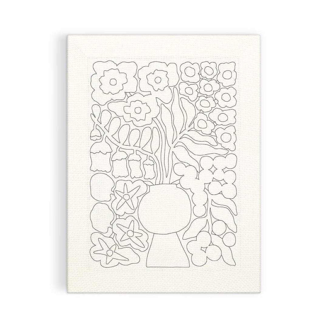 Black line drawing of a vase with flowers on a white background