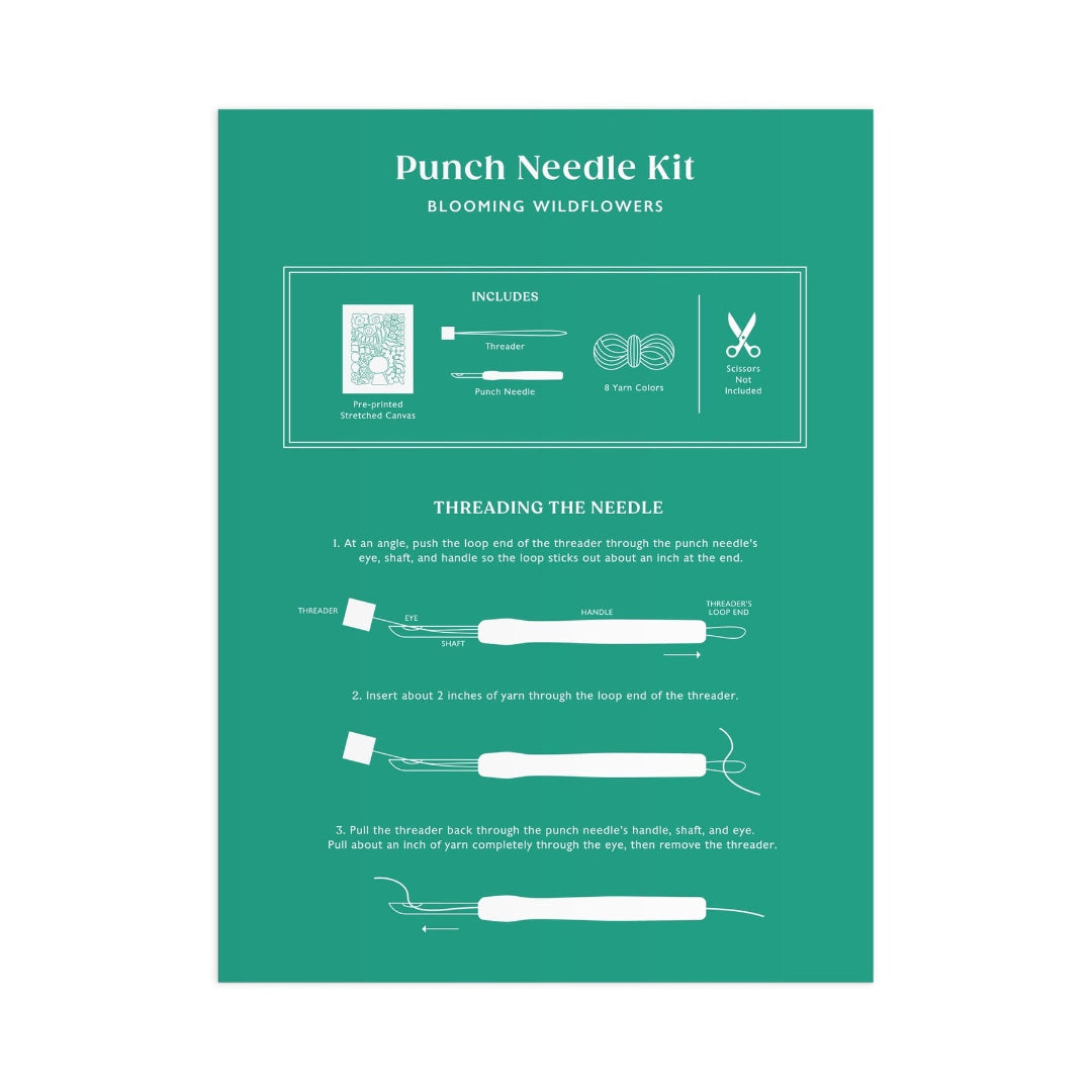 Punch Needle Kit packaging with instructions on a green background