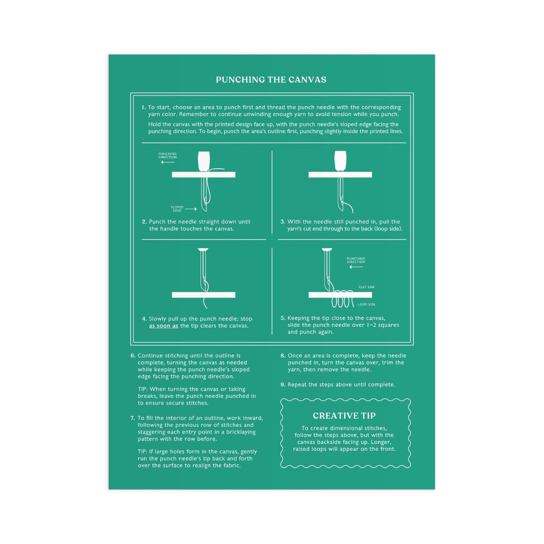 Instructions for punching a canvas on a green background