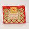 A small red coin purse with a zipper, featuring a vintage-style illustration of a woman riding a horse with a triumphant pose. The text 
