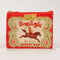 A small red coin purse with a zipper, featuring a vintage-style illustration of a woman riding a horse with a triumphant pose. The text 