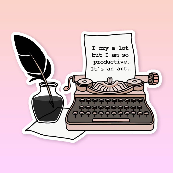 A sticker featuring a vintage typewriter, an inkwell with a feather quill, and a piece of paper with the handwritten text: 