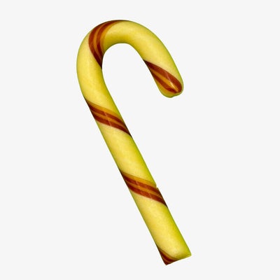 Candy cane with yellow and brown stripes on a white background