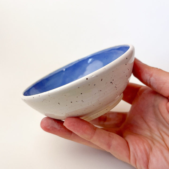 Blue Colourful Trinket Dish, a small bowls with colour on the inside and speckled cream coloured clay on the outside.