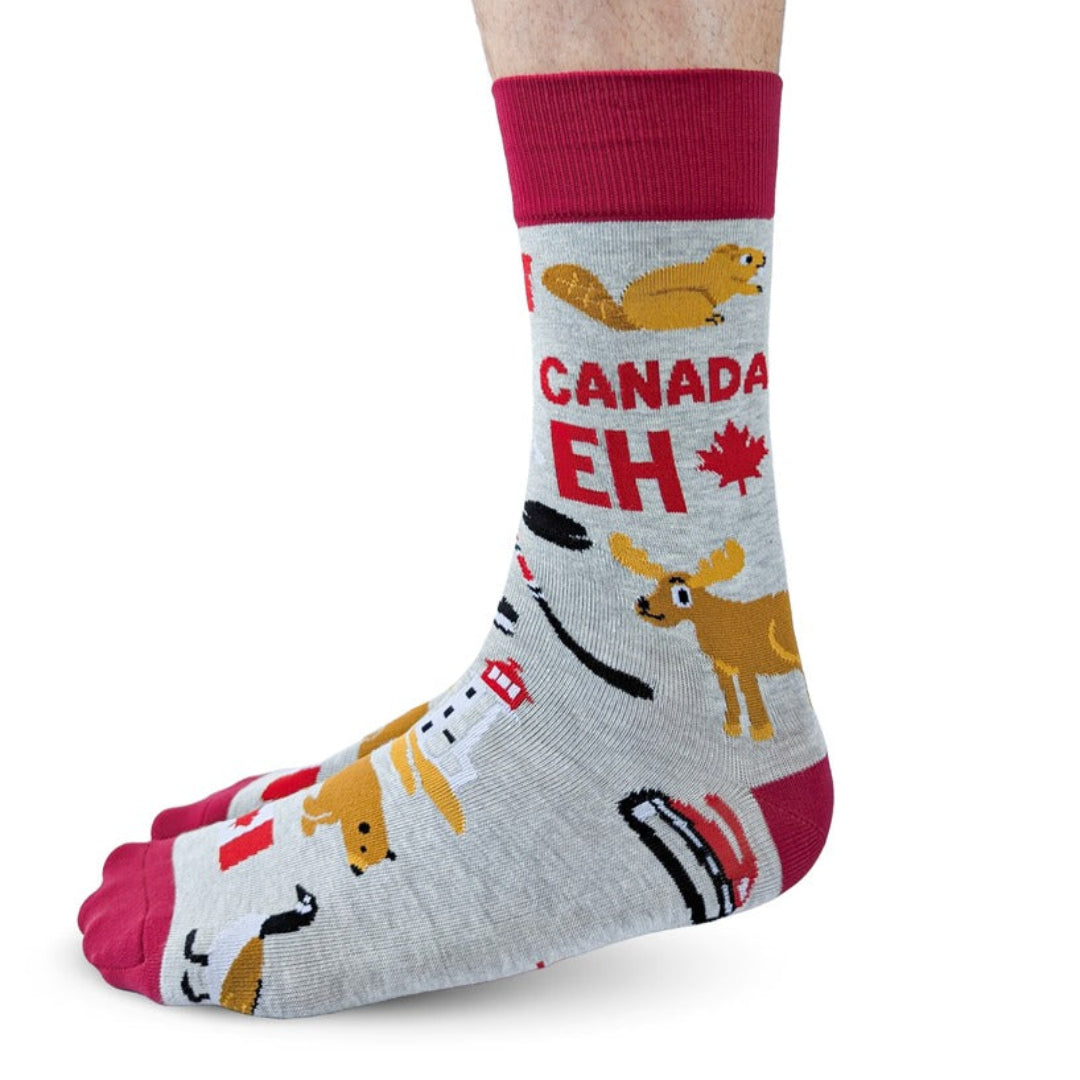 Sock with Canadian-themed design featuring animals and text on a white background