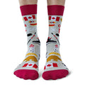 Socks with Canadian-themed design on a white background
