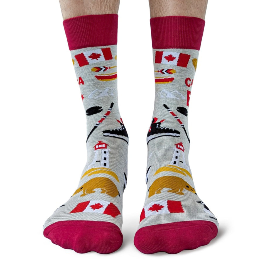 Socks with Canadian-themed design on a white background