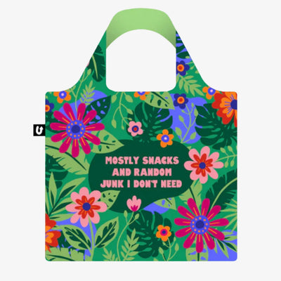 A green tote bag with a floral pattern. The text 