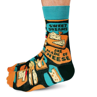 Sock with cheese design and text 'Sweet dreams are made of cheese' on a white background