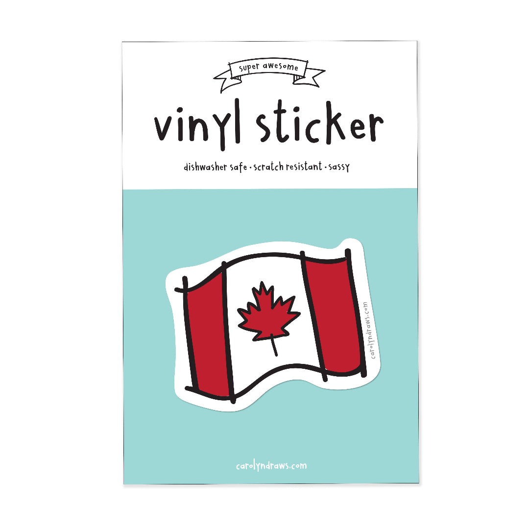 Vinyl sticker with a design of a flag featuring a red maple leaf on a light blue background