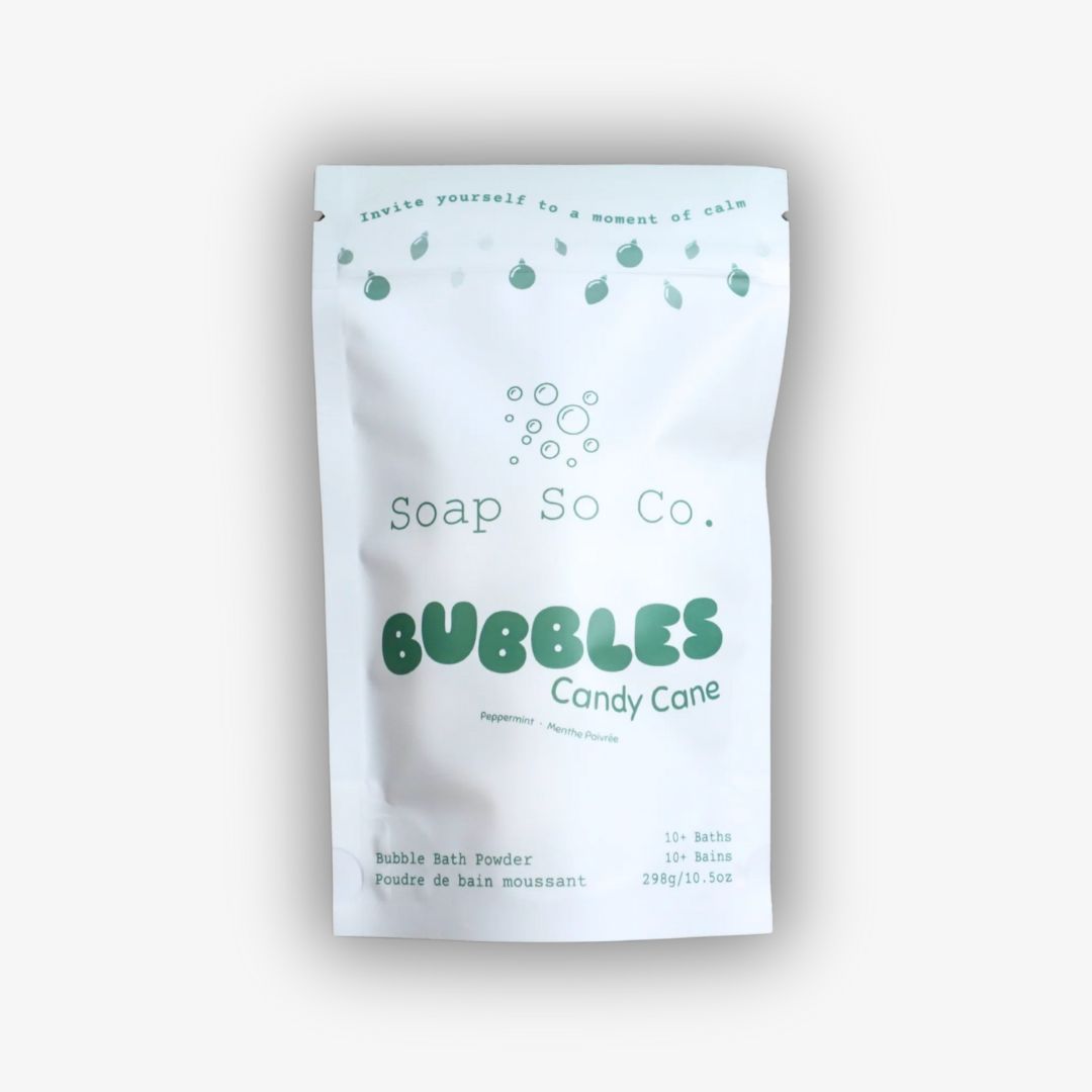 Soap So Co. Bubbles Candy Cane bubble bath powder packaging on a light gray background