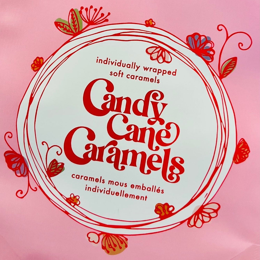 Pink packaging of Candy Cane Caramels with 'pickle and myrrh' branding.