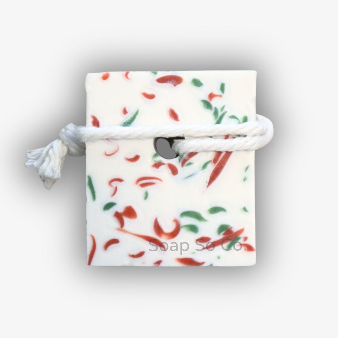 White drawstring bag with colorful abstract pattern on a white background