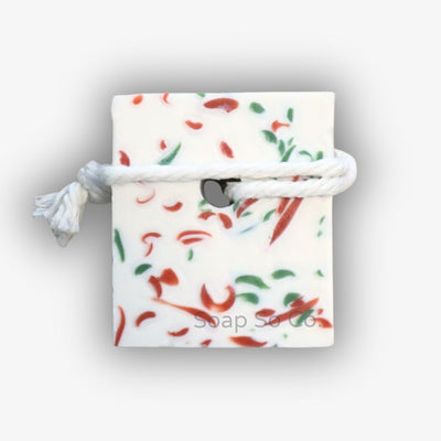 White drawstring bag with colorful abstract pattern on a white background