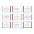 A 3x3 grid of rectangular challenge cards on a white background. Each card has a blue border with alternating red and blue borders across the set.