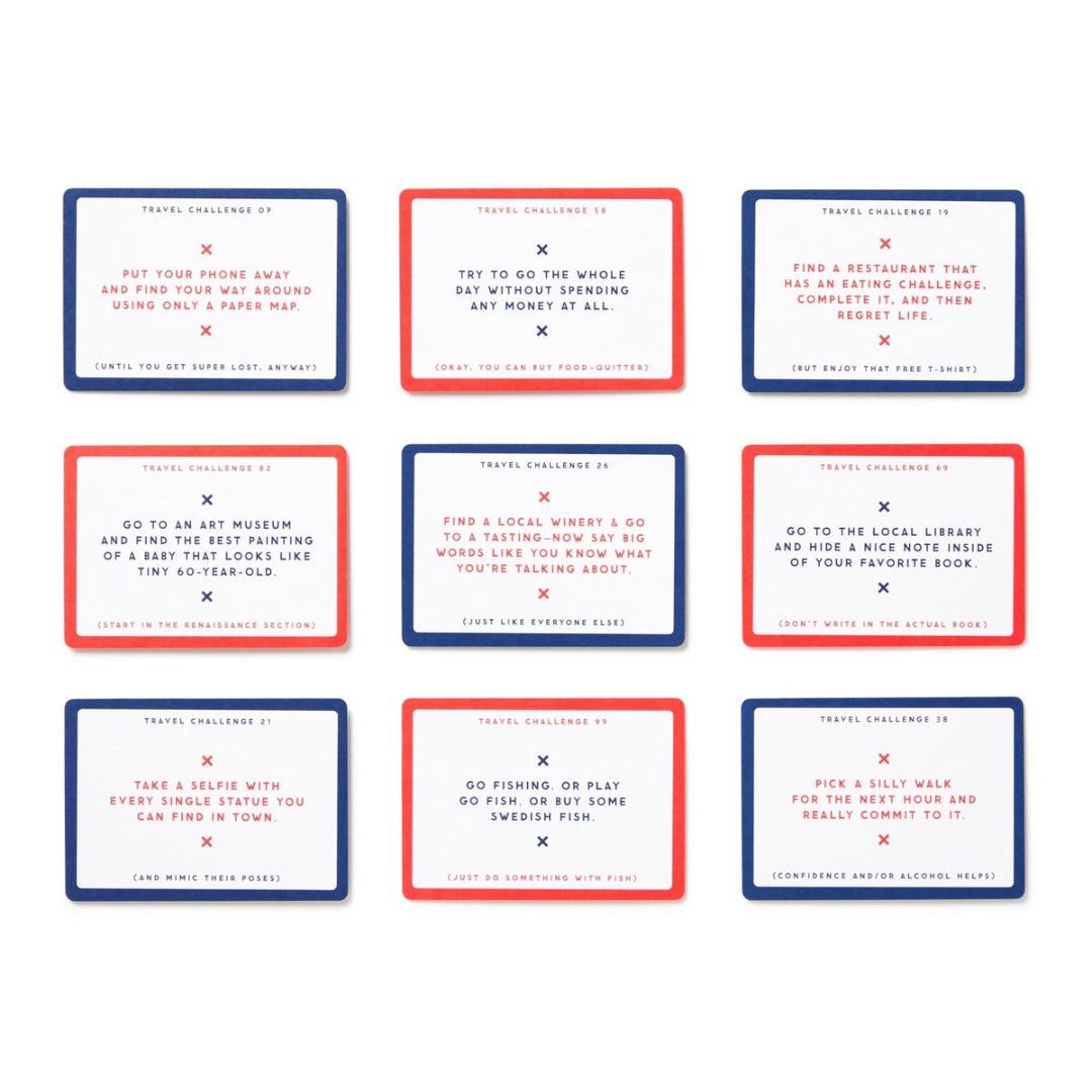 A 3x3 grid of rectangular challenge cards on a white background. Each card has a blue border with alternating red and blue borders across the set.