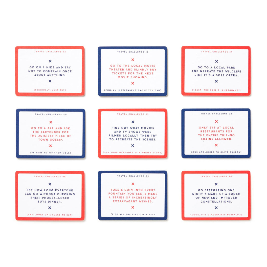 A 3x3 grid of rectangular travel challenge cards on a white background. Each card has a colored border and a short prompt in red text, with a small X icon and a parenthetical note below.