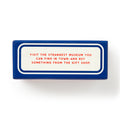 Rectangular sign with red text on a white background, placed on a blue border