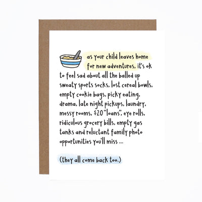 Card with text and illustration of a bowl and spoon on a white background