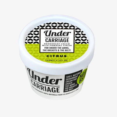 Deodorant cream container labeled 'Under Carriage' on a white background