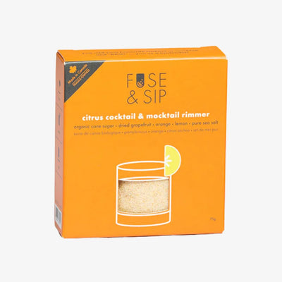 Orange packaging of Fuse & Sip citrus cocktail and mocktail rimmer on a white background