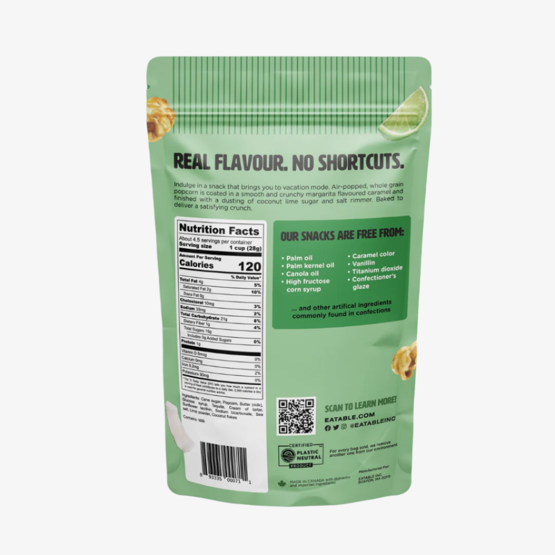 Green snack package with nutrition facts label on a green background