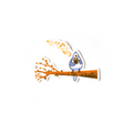 Cartoon character on a branch with flames, on a white background