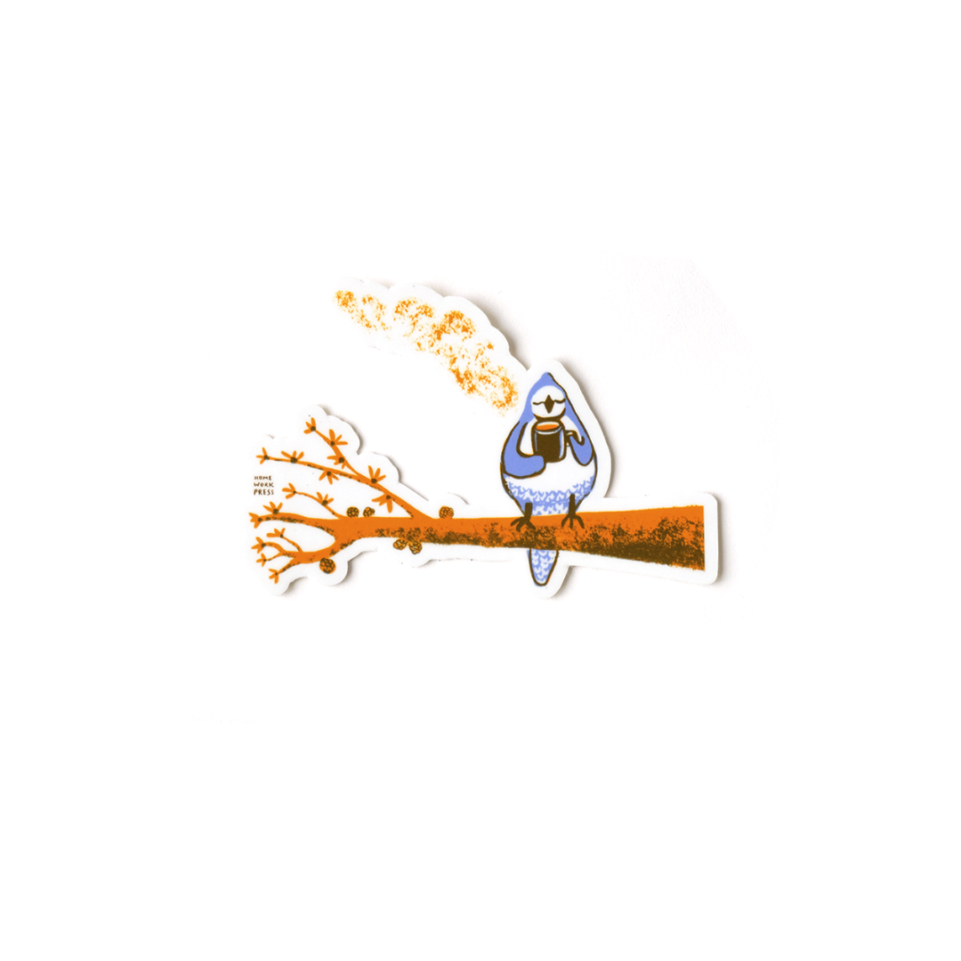 Cartoon character on a branch with flames, on a white background