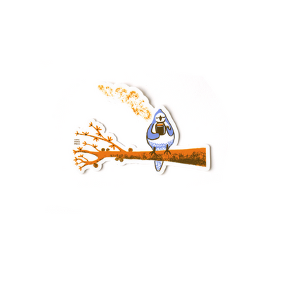 Cartoon character on a branch with flames, on a white background