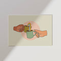 Illustration of two hands sharing a rainbow-colored coffee cup on a beige background