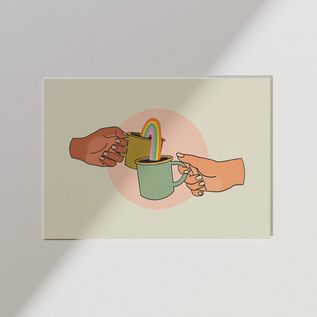 Illustration of two hands sharing a rainbow-colored coffee cup on a beige background