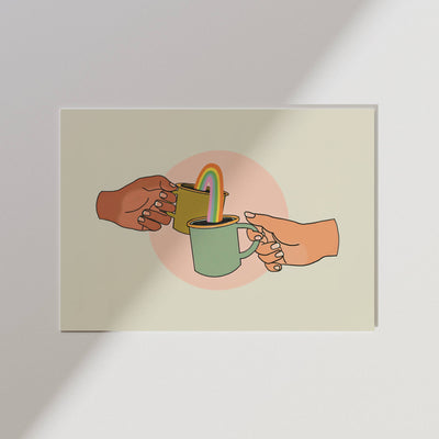 Illustration of two hands sharing a rainbow-colored coffee cup on a beige background