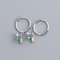 colourful crystal mini hoop earrings in silver, featuring small gold hoops with dangling clusters of purple, green, and peach rectangular crystals. These dainty and vibrant earrings are available in Ottawa, Ontario, Canada.