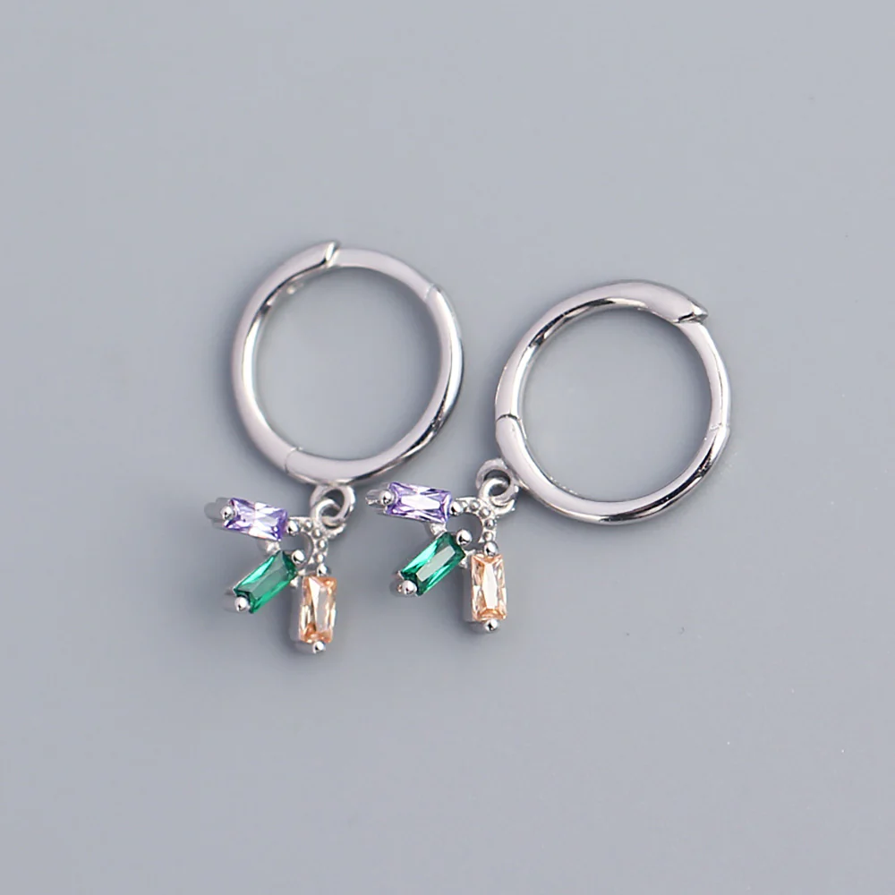 colourful crystal mini hoop earrings in silver, featuring small gold hoops with dangling clusters of purple, green, and peach rectangular crystals. These dainty and vibrant earrings are available in Ottawa, Ontario, Canada.