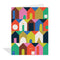 White greeting card featuring rows of brightly coloured, abstract house illustrations in shades of pink, blue, green, yellow, orange, brown, and white, with the word 